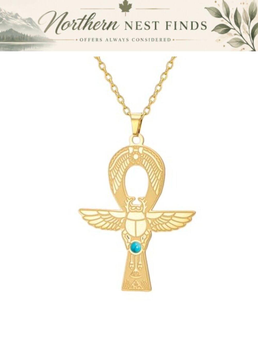 Ankh Cross Scarab Beetle Necklace Stainless Steel Egyptian Pendant